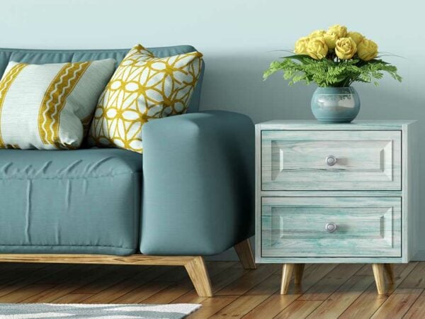 Interior of living room with blue sofa and chest 3d rendering